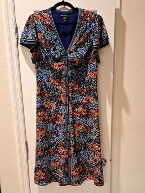 Maggy London - Navy Floral Button-Front Midi Dress Short Ruffle Sleeve - 12